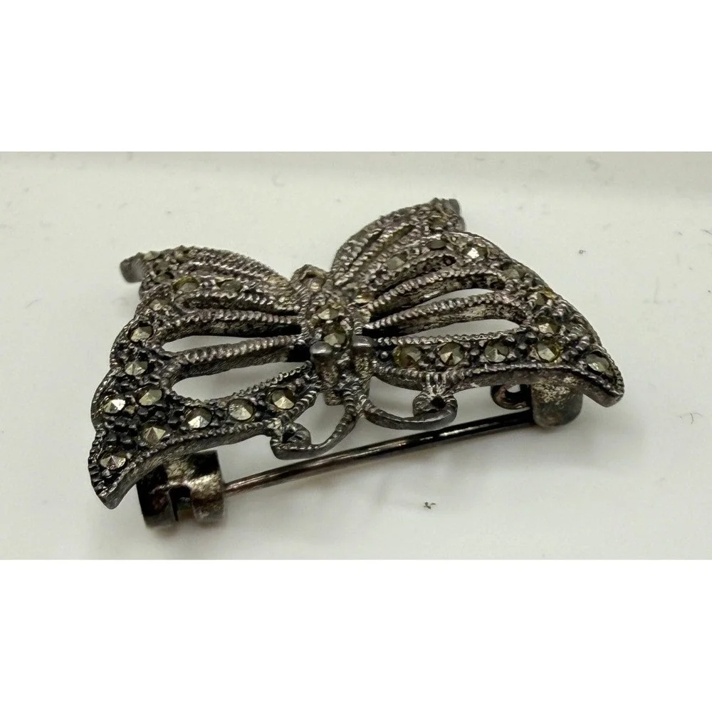 Vintage 925 Sterling Silver Marcasite Butterfly Brooch Pin Art Deco Style 5.68g